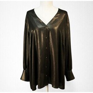 Lands' End Plus Size 22 Metallic Tunic Top Black Gold Button Front Long Sleeve